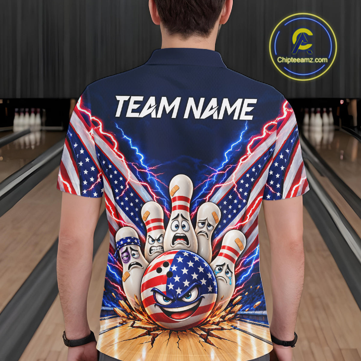 Funny Bowling Pins American Flag Lightning Bowling Shirts For Men Custom Patriotic Bowling Jersey TDM7802
