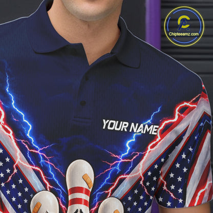 Funny Bowling Pins American Flag Lightning Bowling Shirts For Men Custom Patriotic Bowling Jersey TDM7802
