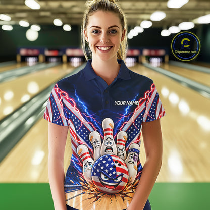 Funny Bowling Pins American Flag Lightning Bowling Shirts For Women Custom Patriotic Bowling Jersey TDM7802