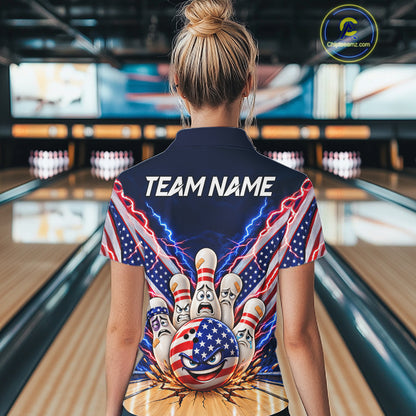 Funny Bowling Pins American Flag Lightning Bowling Shirts For Women Custom Patriotic Bowling Jersey TDM7802