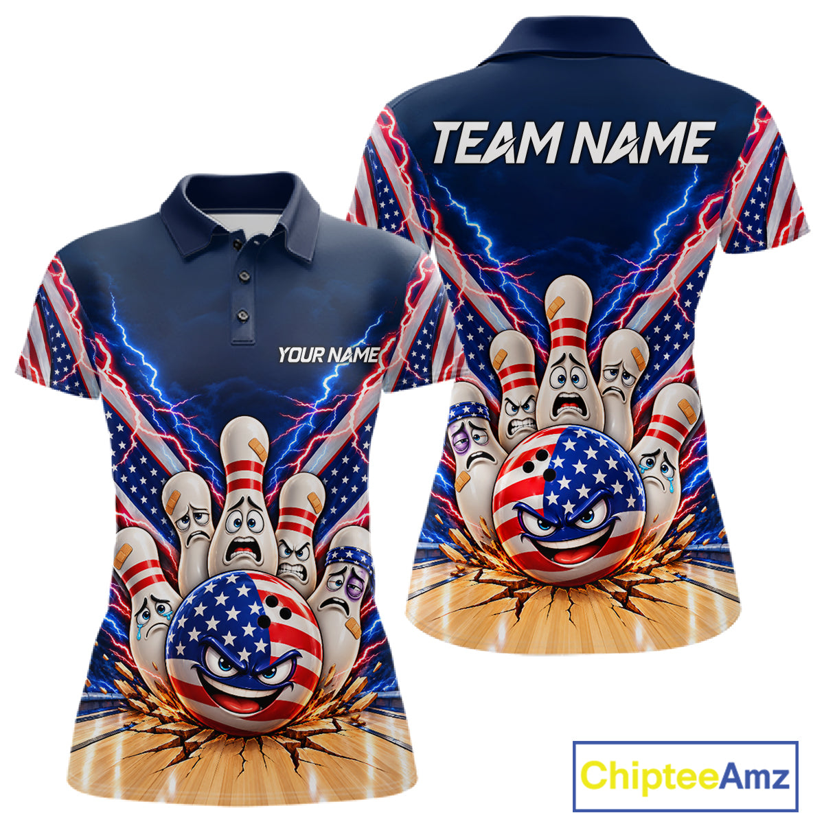 Funny Bowling Pins American Flag Lightning Bowling Shirts For Women Custom Patriotic Bowling Jersey TDM7802