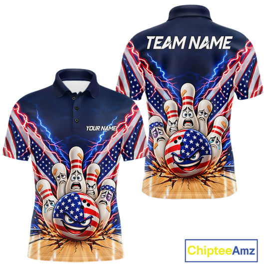 Funny Bowling Pins American Flag Lightning Bowling Shirts For Men Custom Patriotic Bowling Jersey TDM7802