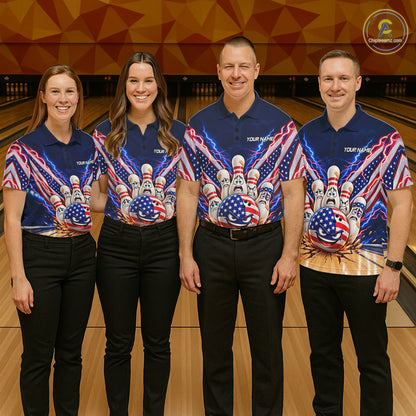 Funny Bowling Pins American Flag Lightning Bowling Shirts For Men Custom Patriotic Bowling Jersey TDM7802