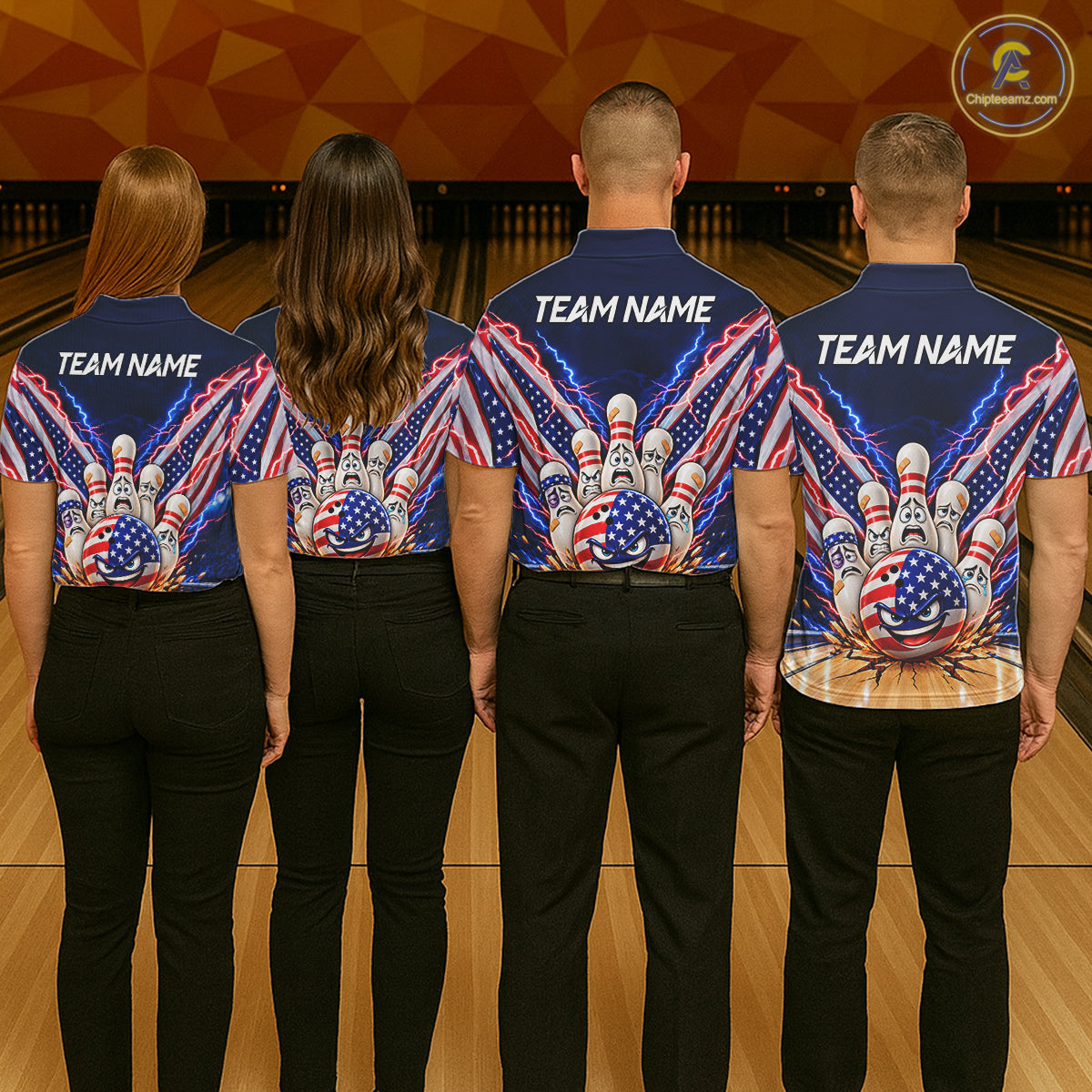 Funny Bowling Pins American Flag Lightning Bowling Shirts For Men Custom Patriotic Bowling Jersey TDM7802