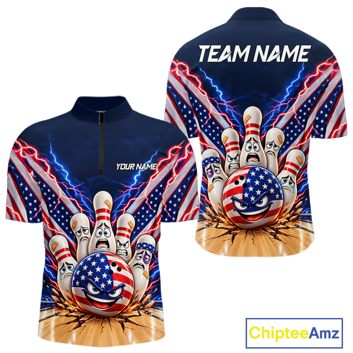 Funny Bowling Pins American Flag Lightning Bowling Shirts For Men Custom Patriotic Bowling Jersey TDM7802