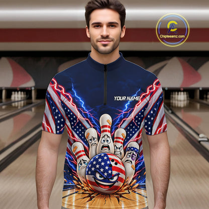 Funny Bowling Pins American Flag Lightning Bowling Shirts For Men Custom Patriotic Bowling Jersey TDM7802