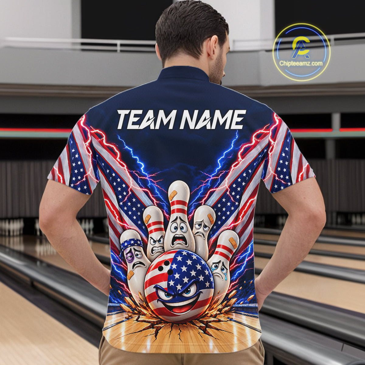 Funny Bowling Pins American Flag Lightning Bowling Shirts For Men Custom Patriotic Bowling Jersey TDM7802