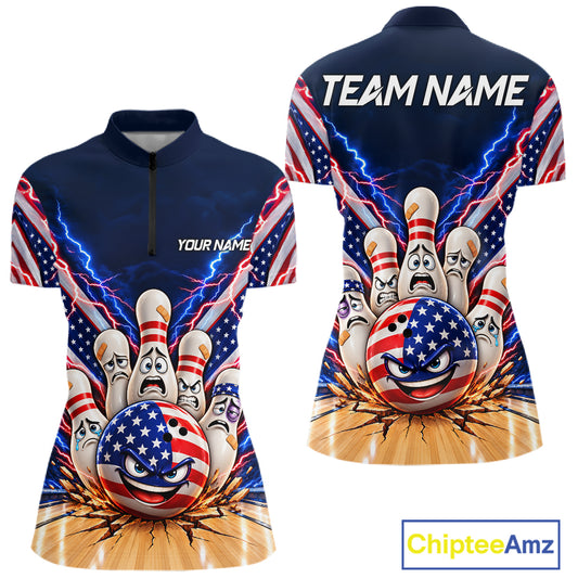 Funny Bowling Pins American Flag Lightning Bowling Shirts For Women Custom Patriotic Bowling Jersey TDM7802