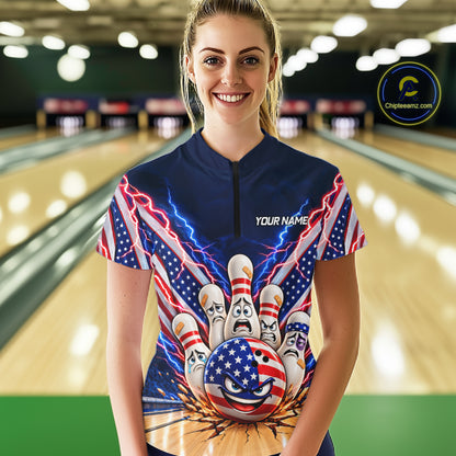 Funny Bowling Pins American Flag Lightning Bowling Shirts For Women Custom Patriotic Bowling Jersey TDM7802