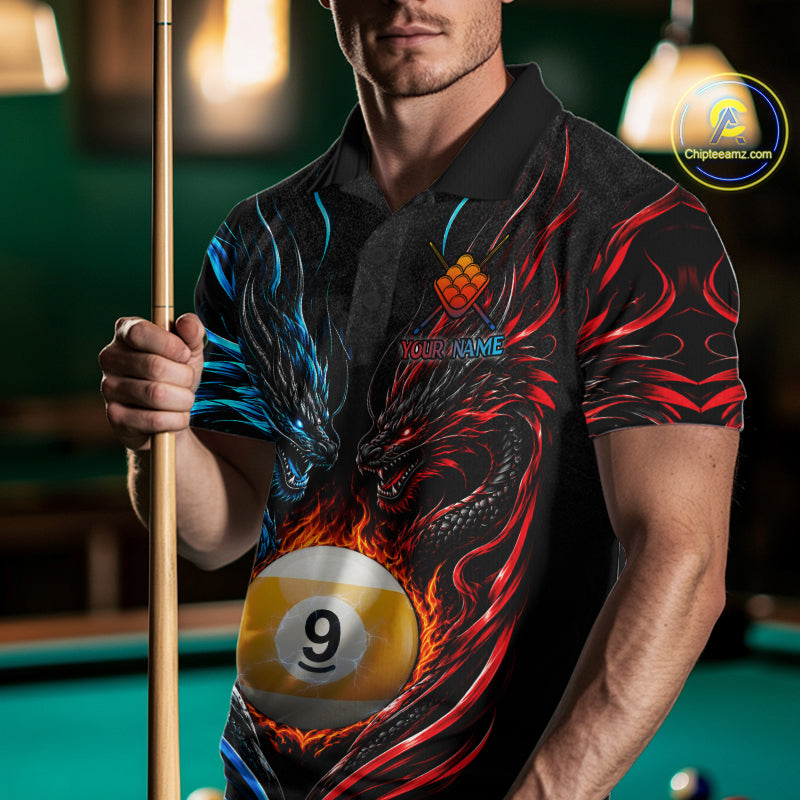 Blue And Red Custom Dragon 9 Ball Fire Billiard Shirts For Men, Pool Team Jersey Polo & 1/4 Zip TDM7803