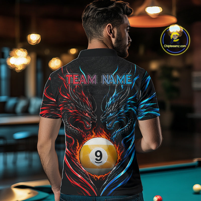 Blue And Red Custom Dragon 9 Ball Fire Billiard Shirts For Men, Pool Team Jersey Polo & 1/4 Zip TDM7803