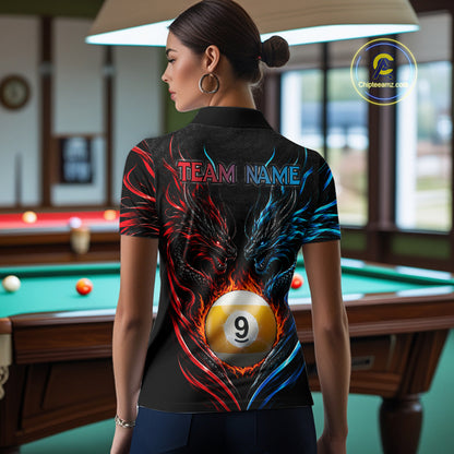 Blue And Red Custom Dragon 9 Ball Fire Billiard Shirts For Women, Pool Team Jersey Polo & 1/4 Zip TDM7803