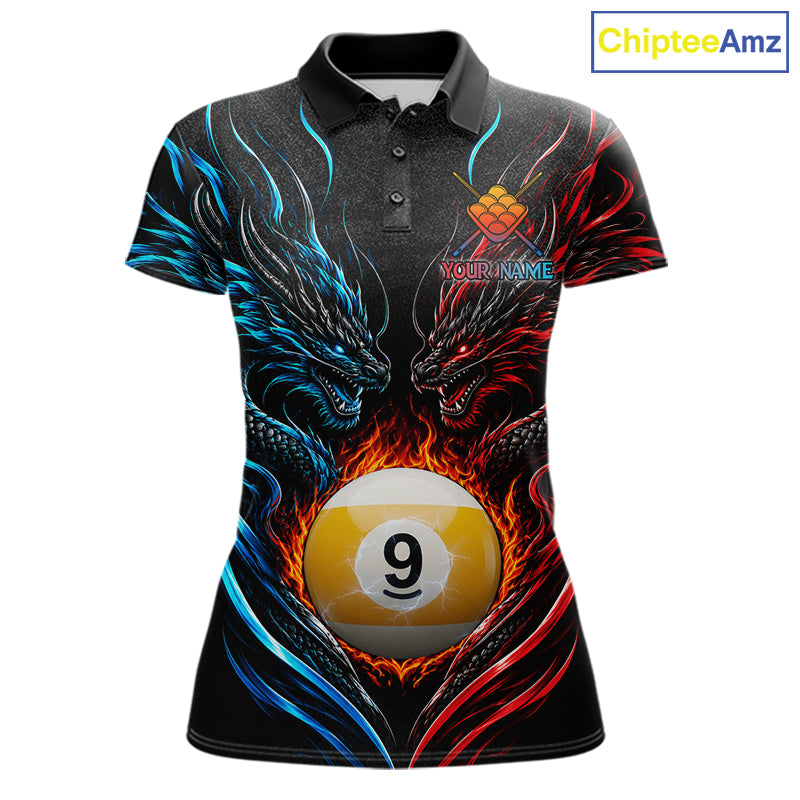 Blue And Red Custom Dragon 9 Ball Fire Billiard Shirts For Women, Pool Team Jersey Polo & 1/4 Zip TDM7803