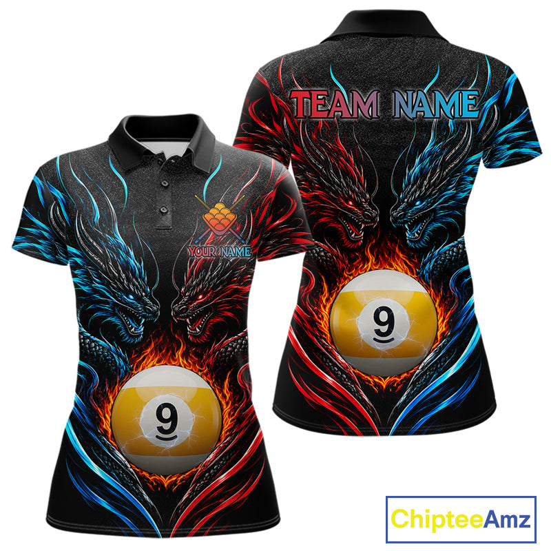 Blue And Red Custom Dragon 9 Ball Fire Billiard Shirts For Women, Pool Team Jersey Polo & 1/4 Zip TDM7803