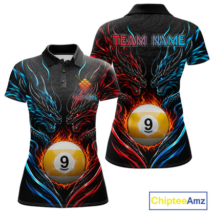 Blue And Red Custom Dragon 9 Ball Fire Billiard Shirts For Women, Pool Team Jersey Polo & 1/4 Zip TDM7803