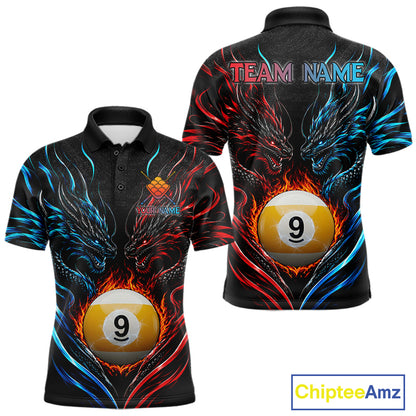 Blue And Red Custom Dragon 9 Ball Fire Billiard Shirts For Men, Pool Team Jersey Polo & 1/4 Zip TDM7803