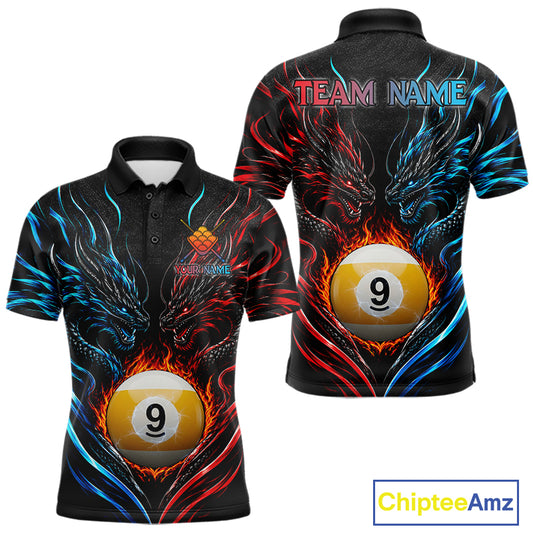 Blue And Red Custom Dragon 9 Ball Fire Billiard Shirts For Men, Pool Team Jersey Polo & 1/4 Zip TDM7803