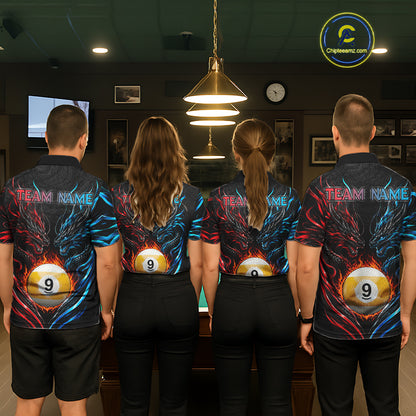 Blue And Red Custom Dragon 9 Ball Fire Billiard Shirts For Men, Pool Team Jersey Polo & 1/4 Zip TDM7803