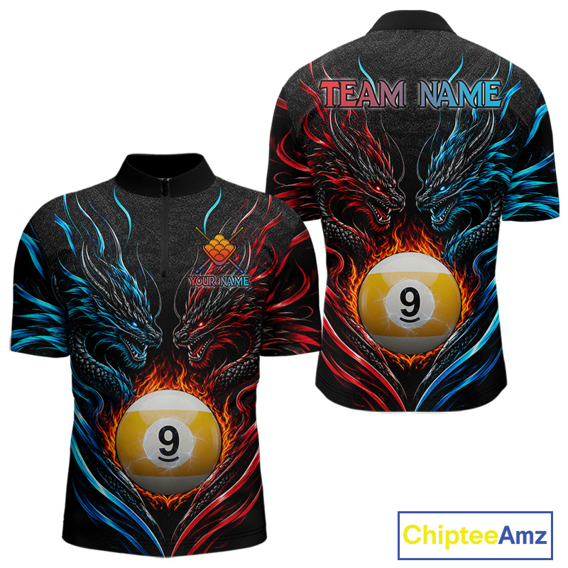 Blue And Red Custom Dragon 9 Ball Fire Billiard Shirts For Men, Pool Team Jersey Polo & 1/4 Zip TDM7803