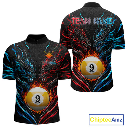 Blue And Red Custom Dragon 9 Ball Fire Billiard Shirts For Men, Pool Team Jersey Polo & 1/4 Zip TDM7803