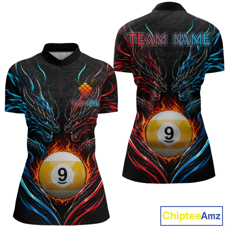 Blue And Red Custom Dragon 9 Ball Fire Billiard Shirts For Women, Pool Team Jersey Polo & 1/4 Zip TDM7803