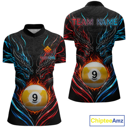 Blue And Red Custom Dragon 9 Ball Fire Billiard Shirts For Women, Pool Team Jersey Polo & 1/4 Zip TDM7803