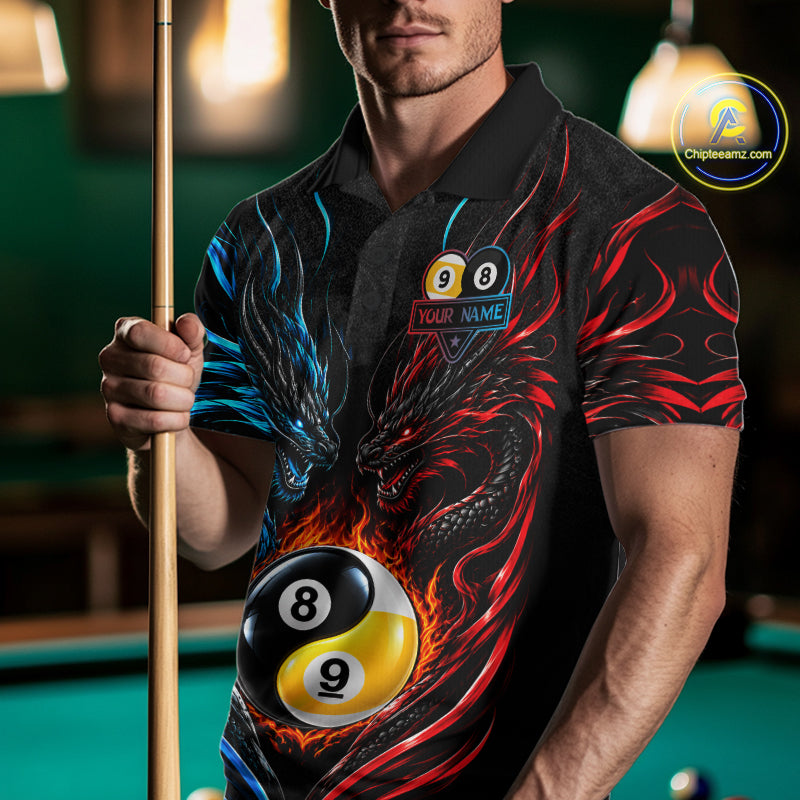 Blue And Red Custom Dragon Yin-Yang Fire Billiard Shirts For Men, 9 Ball & 8 Ball Pool Team Jersey TDM7804