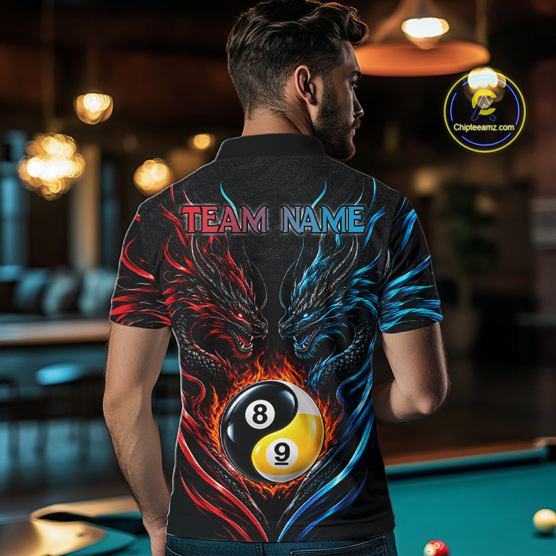 Blue And Red Custom Dragon Yin-Yang Fire Billiard Shirts For Men, 9 Ball & 8 Ball Pool Team Jersey TDM7804