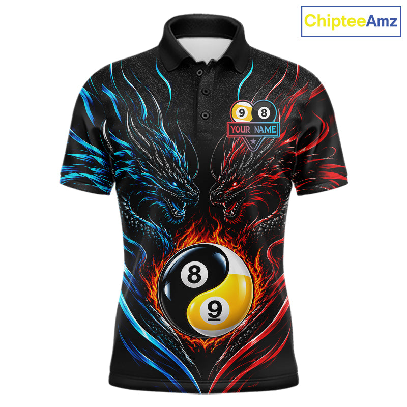 Blue And Red Custom Dragon Yin-Yang Fire Billiard Shirts For Men, 9 Ball & 8 Ball Pool Team Jersey TDM7804