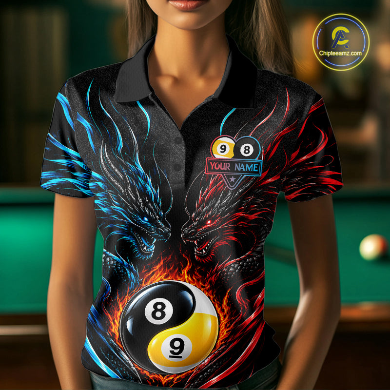 Blue And Red Custom Dragon Yin-Yang Fire Billiard Shirts For Women, 9 Ball & 8 Ball Pool Team Jersey TDM7804