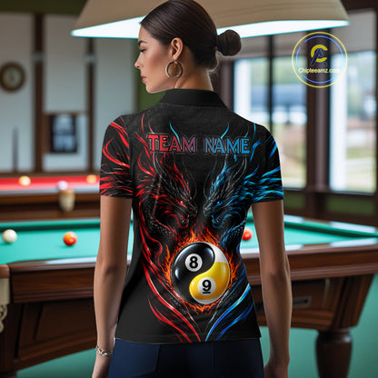 Blue And Red Custom Dragon Yin-Yang Fire Billiard Shirts For Women, 9 Ball & 8 Ball Pool Team Jersey TDM7804