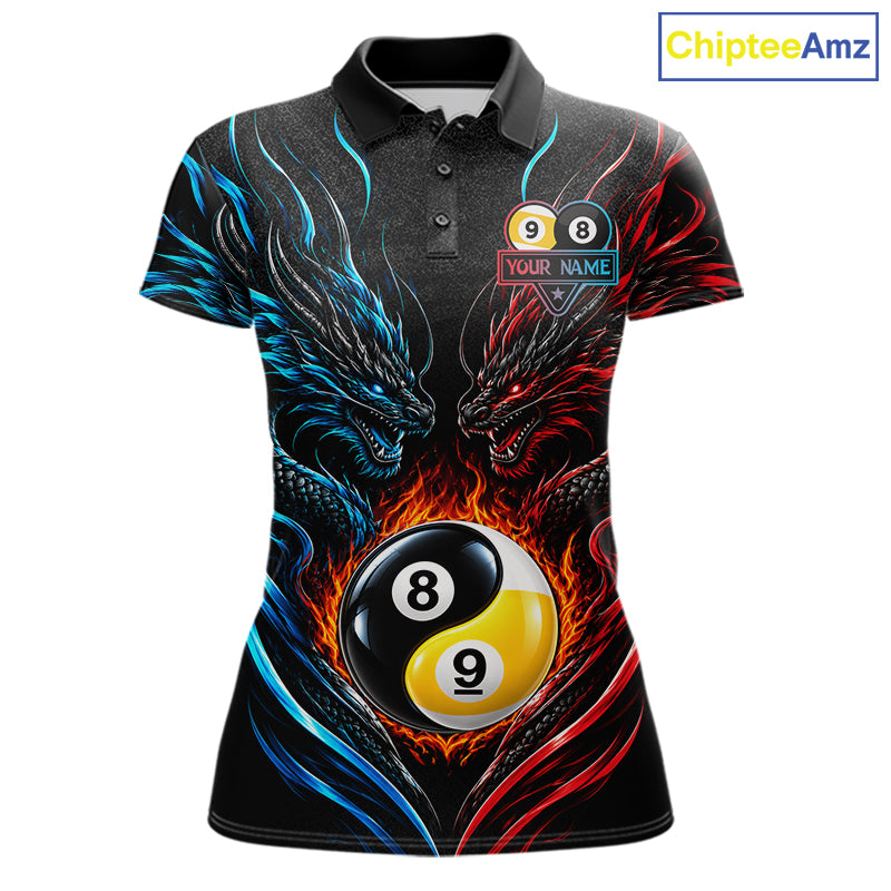 Blue And Red Custom Dragon Yin-Yang Fire Billiard Shirts For Women, 9 Ball & 8 Ball Pool Team Jersey TDM7804