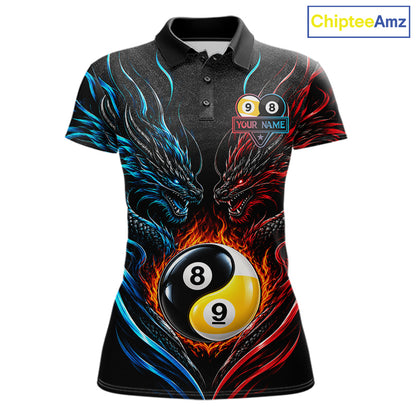 Blue And Red Custom Dragon Yin-Yang Fire Billiard Shirts For Women, 9 Ball & 8 Ball Pool Team Jersey TDM7804