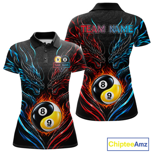 Blue And Red Custom Dragon Yin-Yang Fire Billiard Shirts For Women, 9 Ball & 8 Ball Pool Team Jersey TDM7804