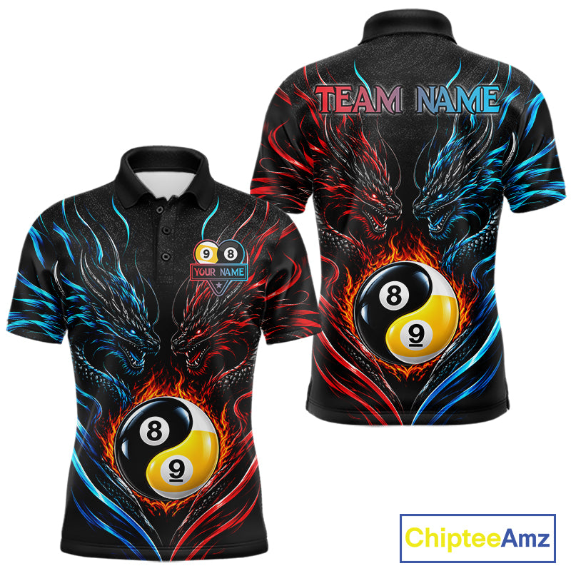 Blue And Red Custom Dragon Yin-Yang Fire Billiard Shirts For Men, 9 Ball & 8 Ball Pool Team Jersey TDM7804