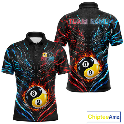 Blue And Red Custom Dragon Yin-Yang Fire Billiard Shirts For Men, 9 Ball & 8 Ball Pool Team Jersey TDM7804