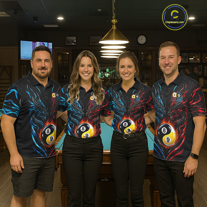 Blue And Red Custom Dragon Yin-Yang Fire Billiard Shirts For Men, 9 Ball & 8 Ball Pool Team Jersey TDM7804