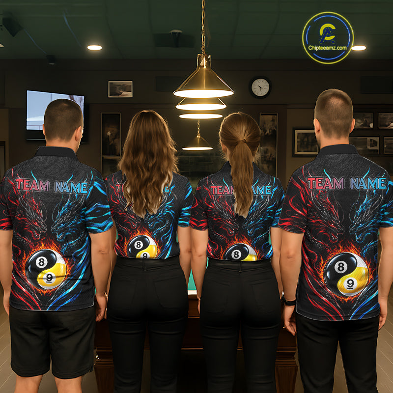 Blue And Red Custom Dragon Yin-Yang Fire Billiard Shirts For Men, 9 Ball & 8 Ball Pool Team Jersey TDM7804