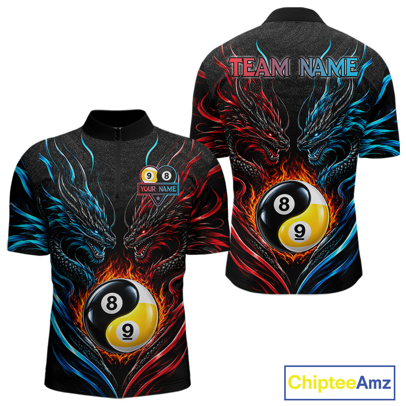 Blue And Red Custom Dragon Yin-Yang Fire Billiard Shirts For Men, 9 Ball & 8 Ball Pool Team Jersey TDM7804