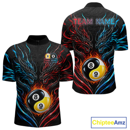 Blue And Red Custom Dragon Yin-Yang Fire Billiard Shirts For Men, 9 Ball & 8 Ball Pool Team Jersey TDM7804