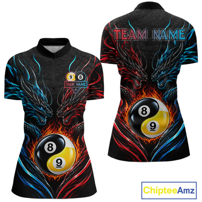 Blue And Red Custom Dragon Yin-Yang Fire Billiard Shirts For Women, 9 Ball & 8 Ball Pool Team Jersey TDM7804
