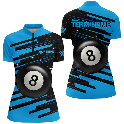 Blue 8 Ball Pool Billiard Jerseys Women Quarter-Zip Shirts Custom League Billiard Shirts TDM0697