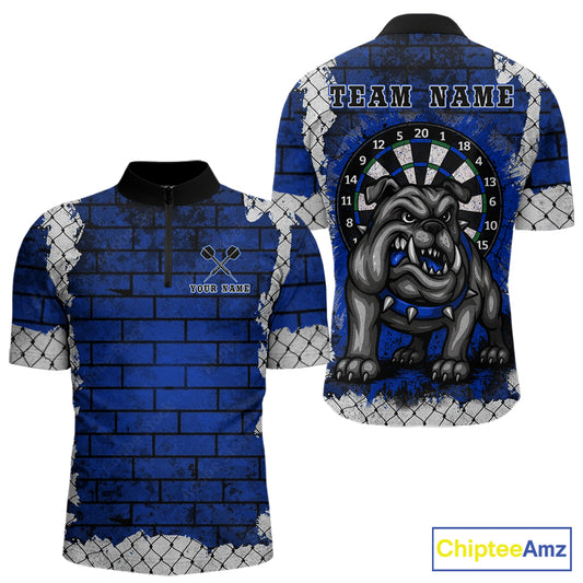 Blue Brick-Wall Fierce Bulldog Men Darts Quarter- Zip Team Shirt Personalized Name For Players NYN2116