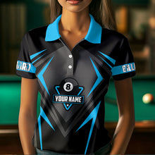 Load image into Gallery viewer, Black And Blue 8 Ball Pool Billiard Jerseys For Women Custom Polo &amp; Quarter Zip Billiard Team Shirts TDM3388