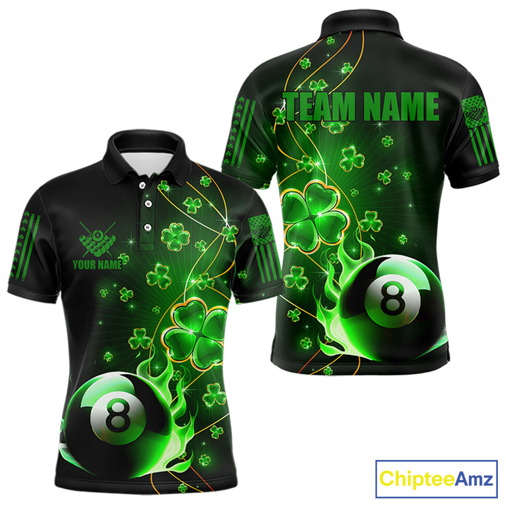 Green 8 Ball Fire Luckiest Shamrock Men Billiard Shirt Custom St Patrick Day Billiard Team Jerseys TDM3389