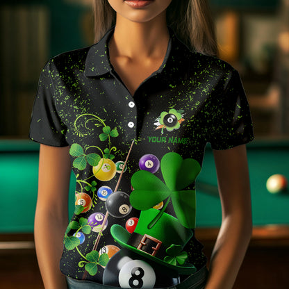 Black Grunge Billiard Balls Luckiest Shamrock Women Pool Shirts Custom St Patrick Day Billiard Jersey TDM3390