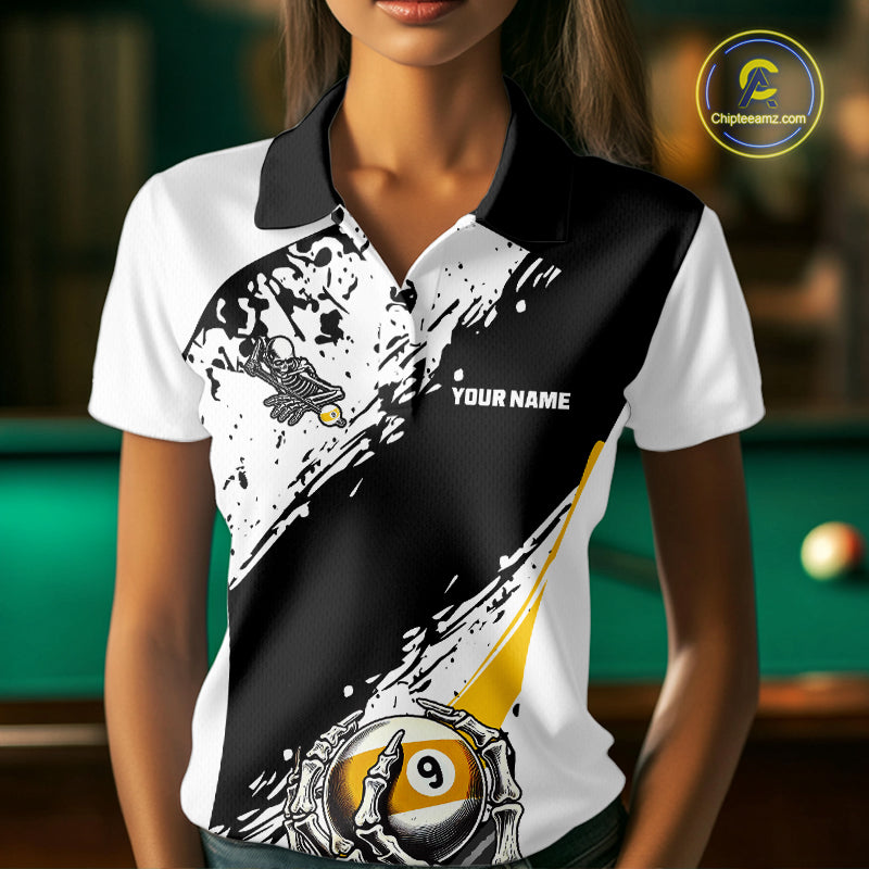 9 Ball Skeleton Custom Billiard Polo & 1/4 Zip Shirts For Women, Funny 9 Ball Pool Billiard Jerseys TDM5675