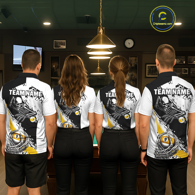 9 Ball Skeleton Custom Billiard Polo & 1/4 Zip Shirts For Men, Funny 9 Ball Pool Billiard Jerseys TDM5675