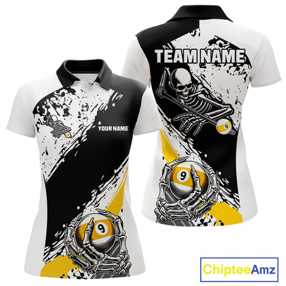 9 Ball Skeleton Custom Billiard Polo & 1/4 Zip Shirts For Women, Funny 9 Ball Pool Billiard Jerseys TDM5675