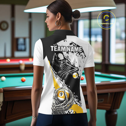 9 Ball Skeleton Custom Billiard Polo & 1/4 Zip Shirts For Women, Funny 9 Ball Pool Billiard Jerseys TDM5675